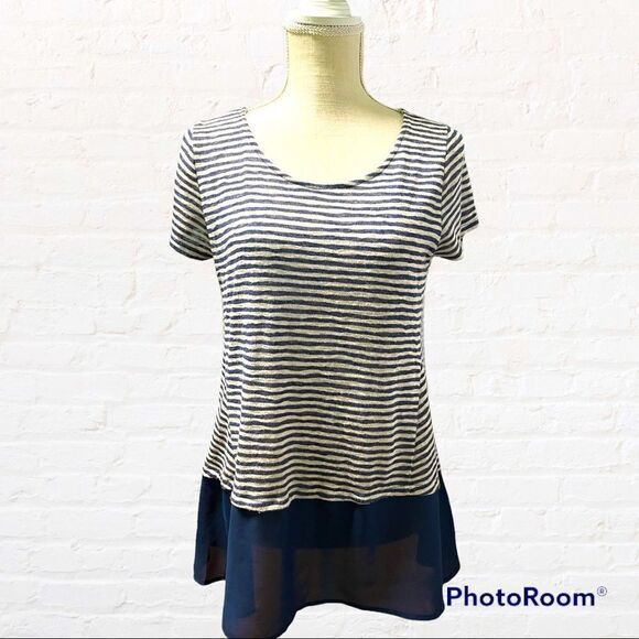 W5 Anthropologie blue white stripes color block hem casual top - Picture 1 of 5